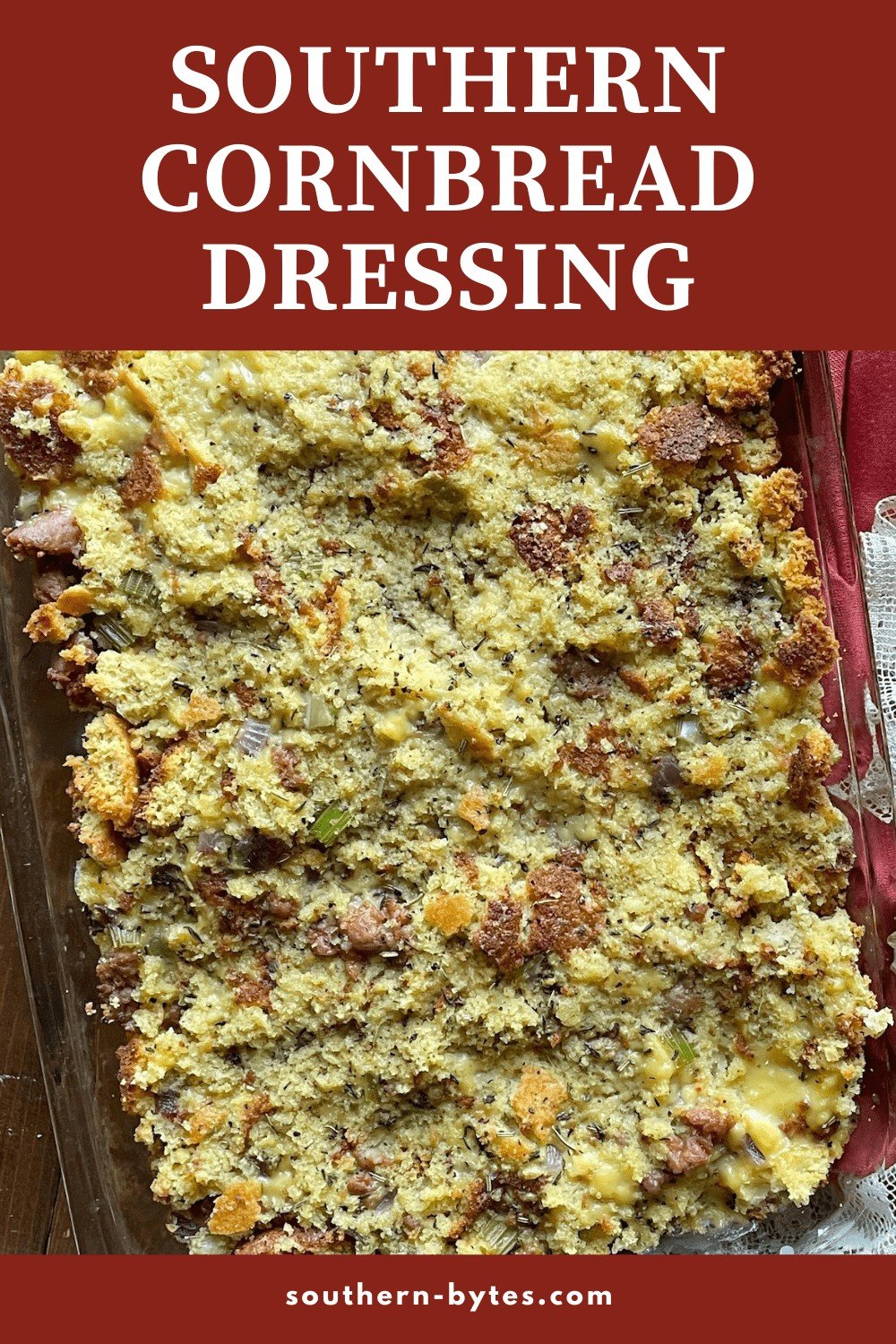 A pin image of southern cornbread dressing with overlay text.