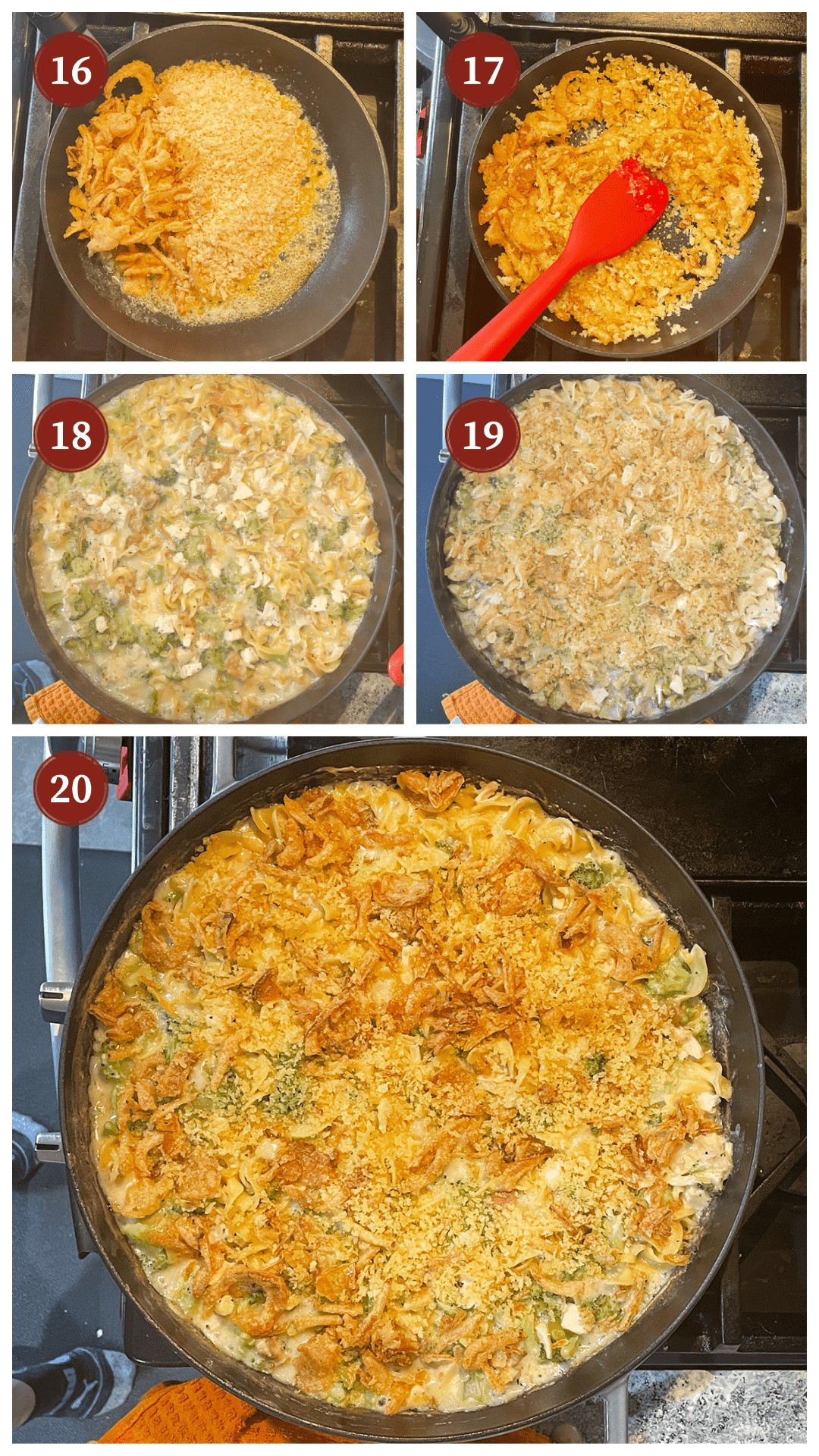 A collage of images showing how to make cheesy chicken broccoli noodle casserole, steps 16 - 20.