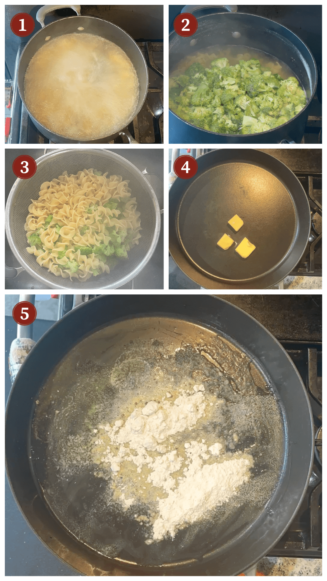 A collage of images showing how to make cheesy chicken broccoli noodle casserole, steps 1 - 5.