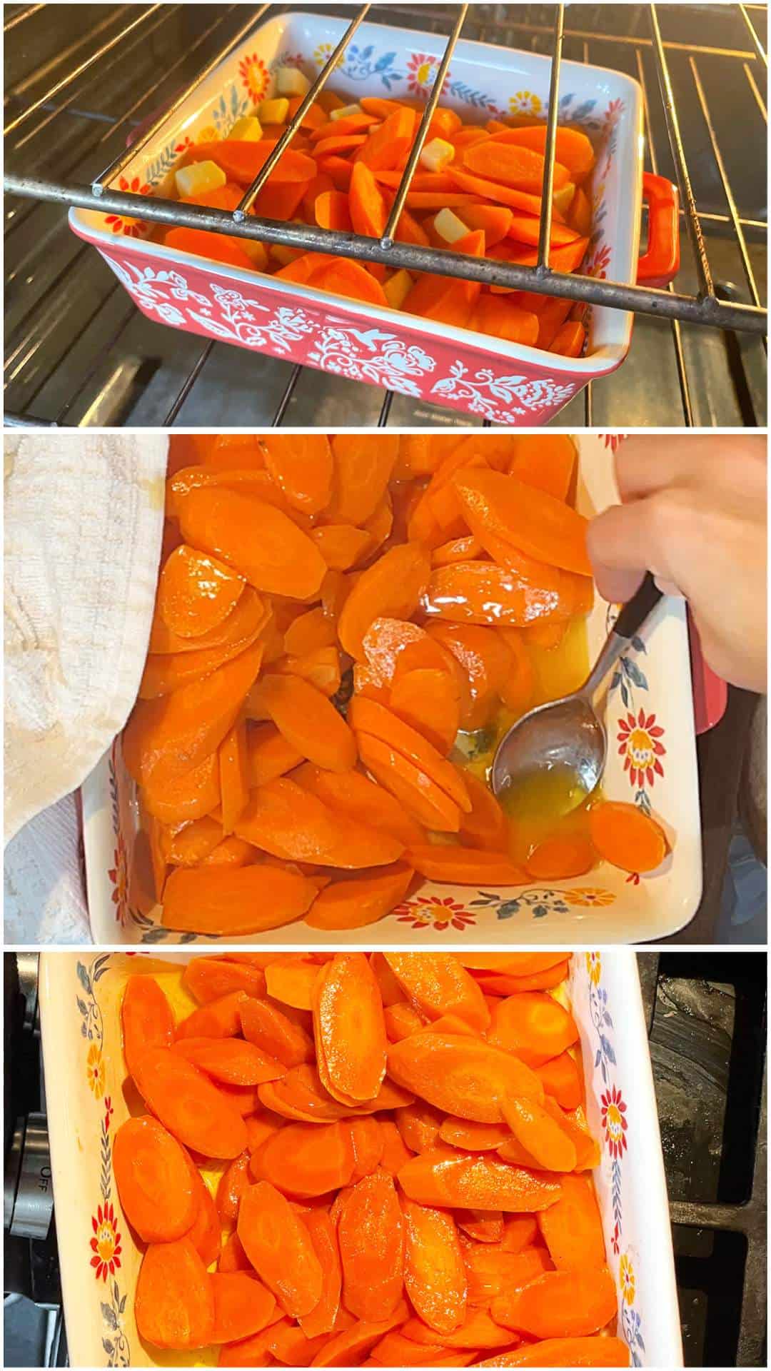 A collage of images showing butter roasted carrots baking in the oven.