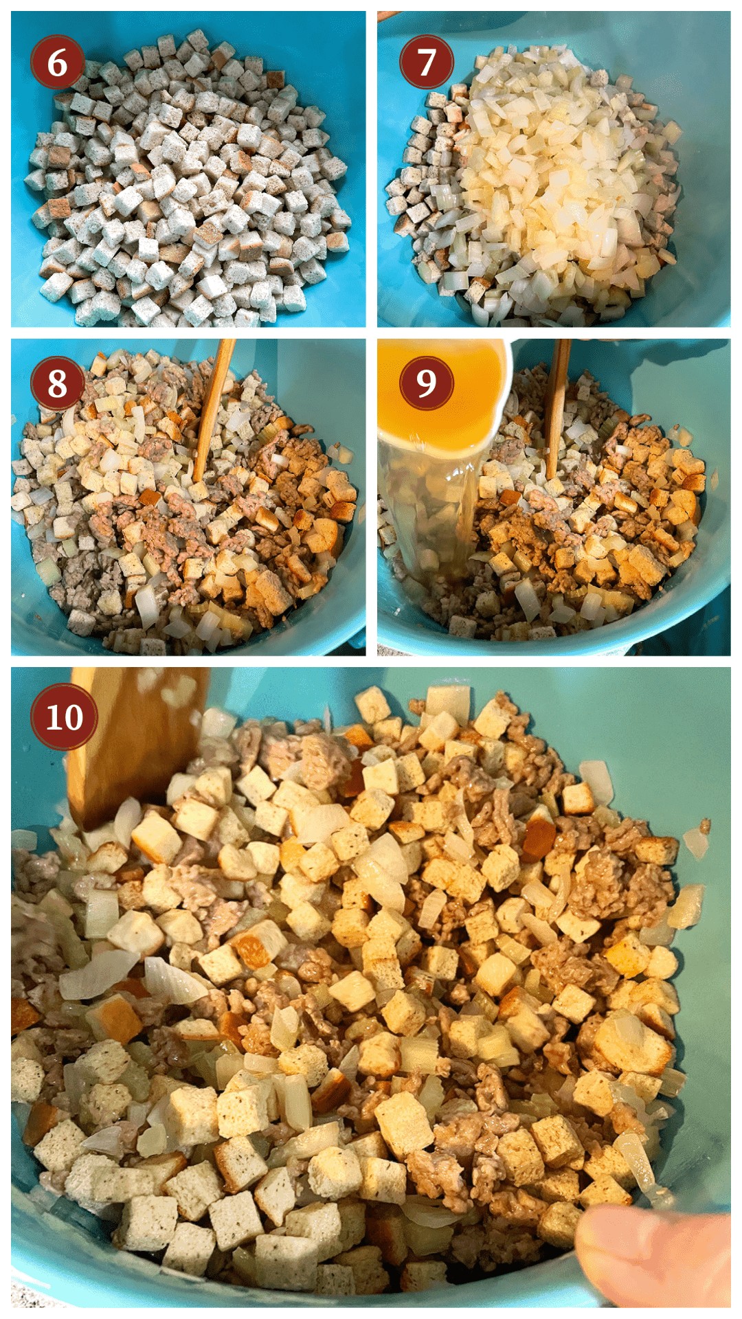 A collage of images showing how to make homemade stuffing, steps 6 - 10.