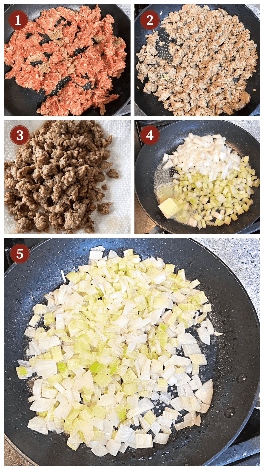 A collage of images showing how to make homemade stuffing, steps 1 - 5.