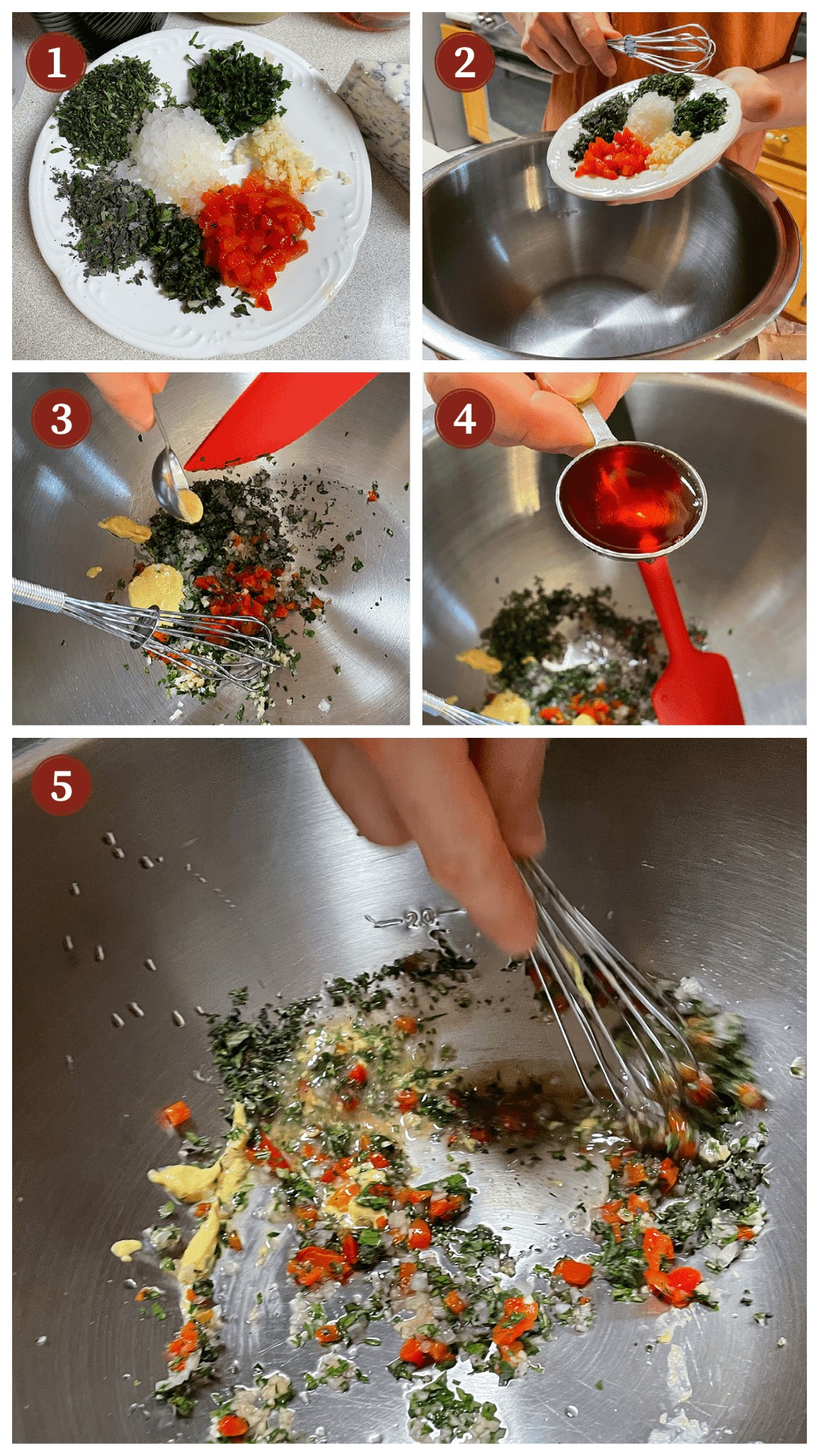 A collage of images showing how to make royal street salad, steps 1 - 5.