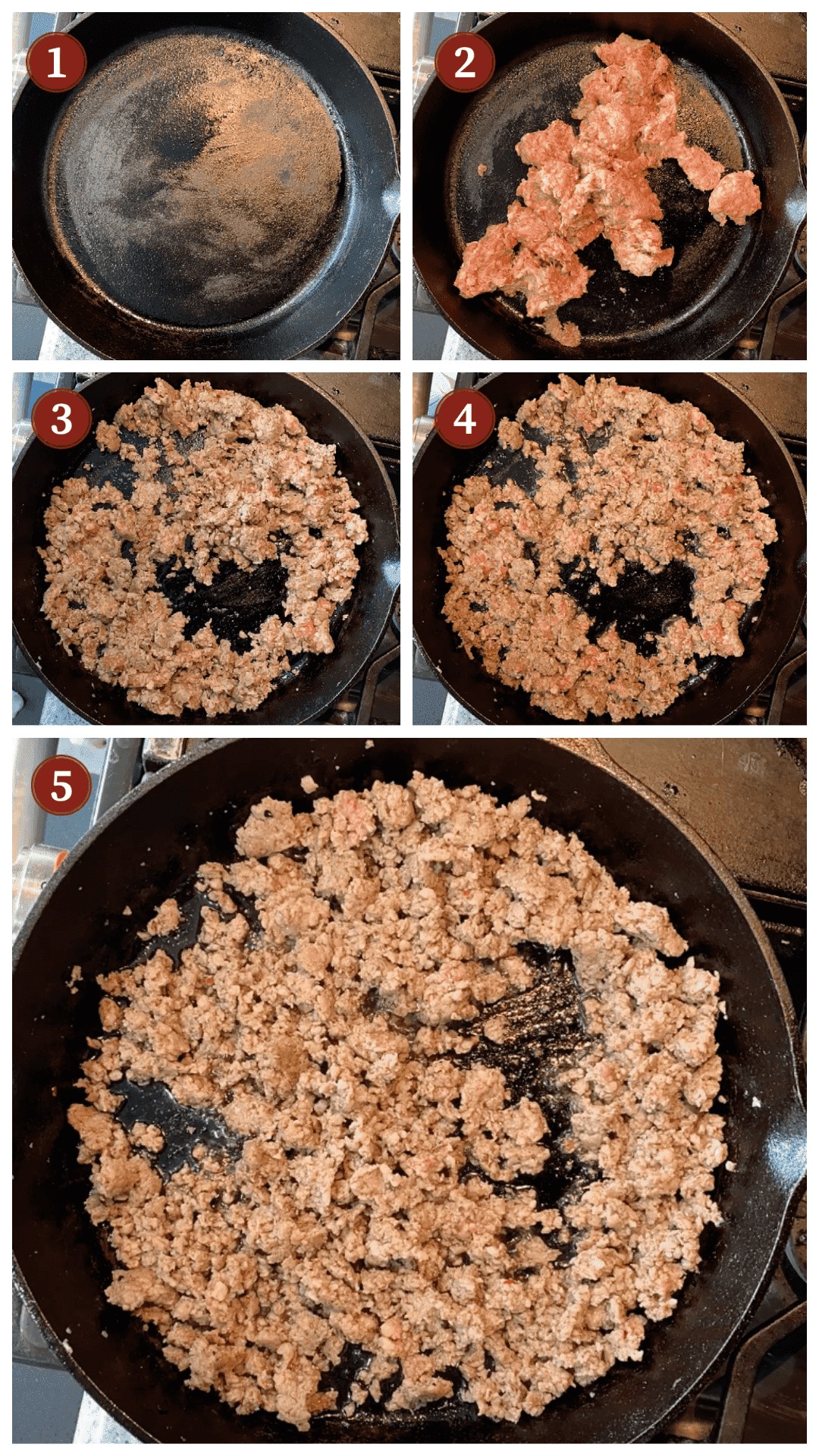 A collage of images showing how to make sausage gravy, steps 1 - 5.