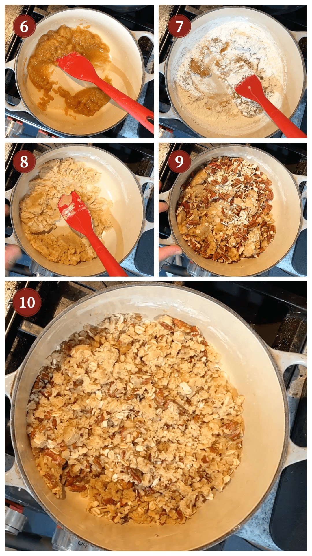 A collage of images showing the process of making sweet potato casserole topping, steps 6 - 10.