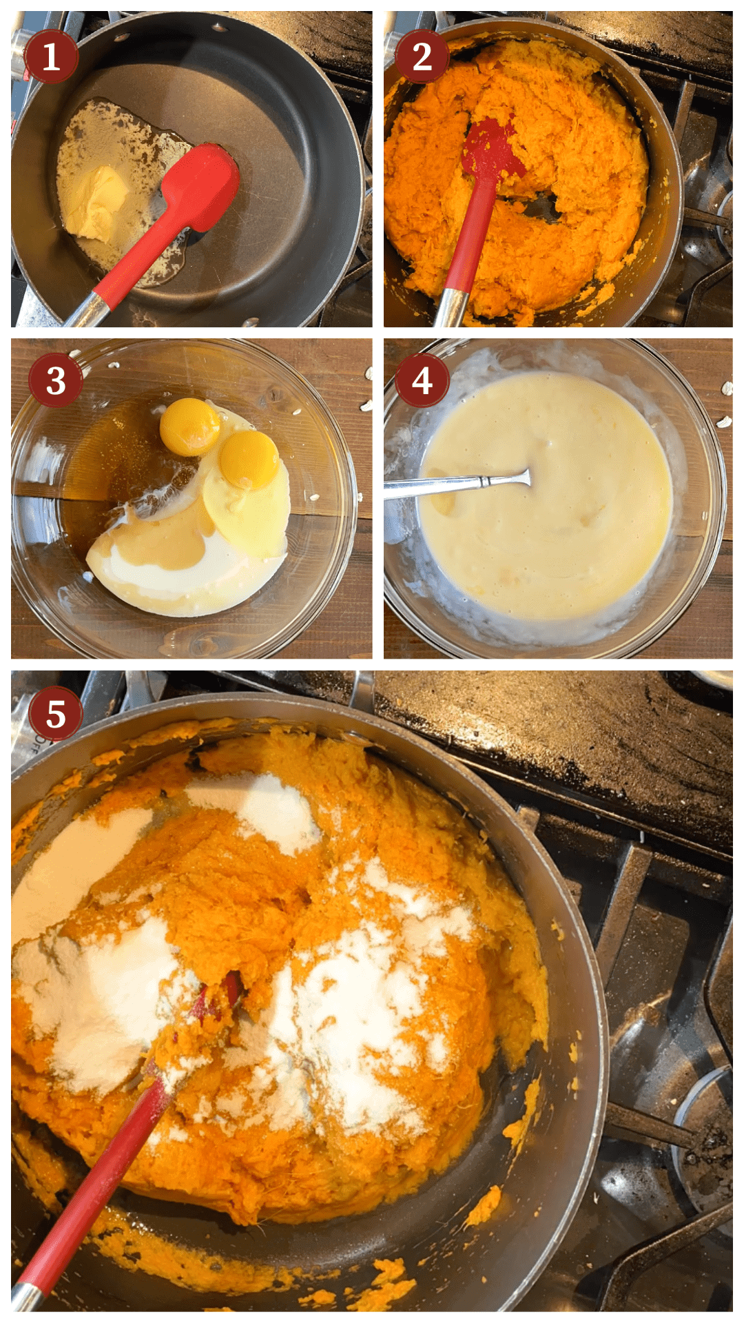 A collage of images showing the process of making sweet potato casserole filling, steps 1 - 5.