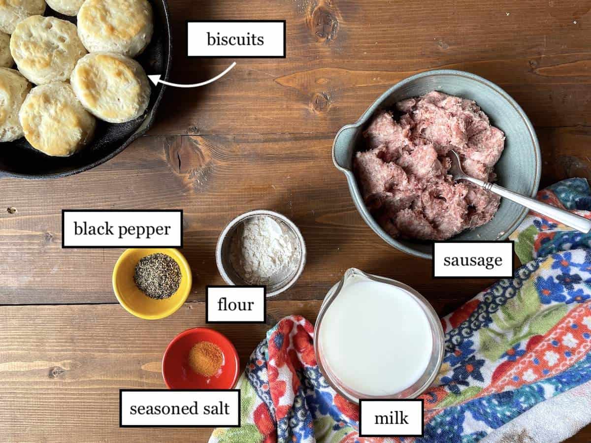 The ingredients in southern biscuits and gravy, laid out and labeled.