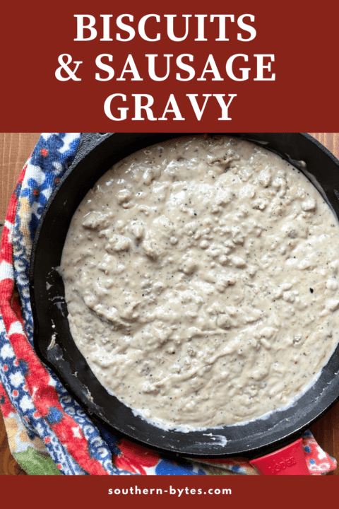 A pin image of a cast iron skillet filled with sausage gravy.