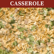 A pin image of cheesy chicken noodle casserole before it is cooked, with overlay text.