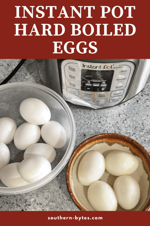 A pin image of an instant pot next to a bowl of hard boiled eggs, some peeled and some in their shell.