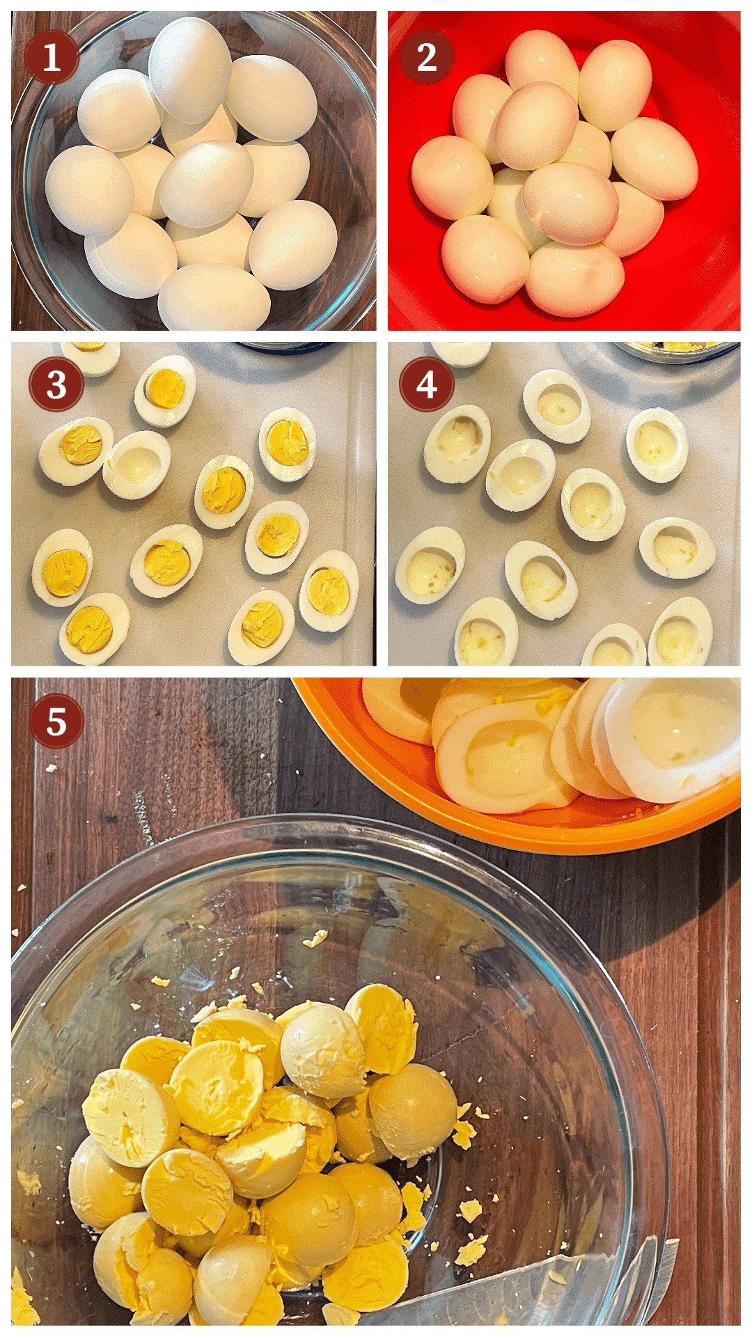 A collage of images showing how to make deviled eggs, steps 1 - 6.