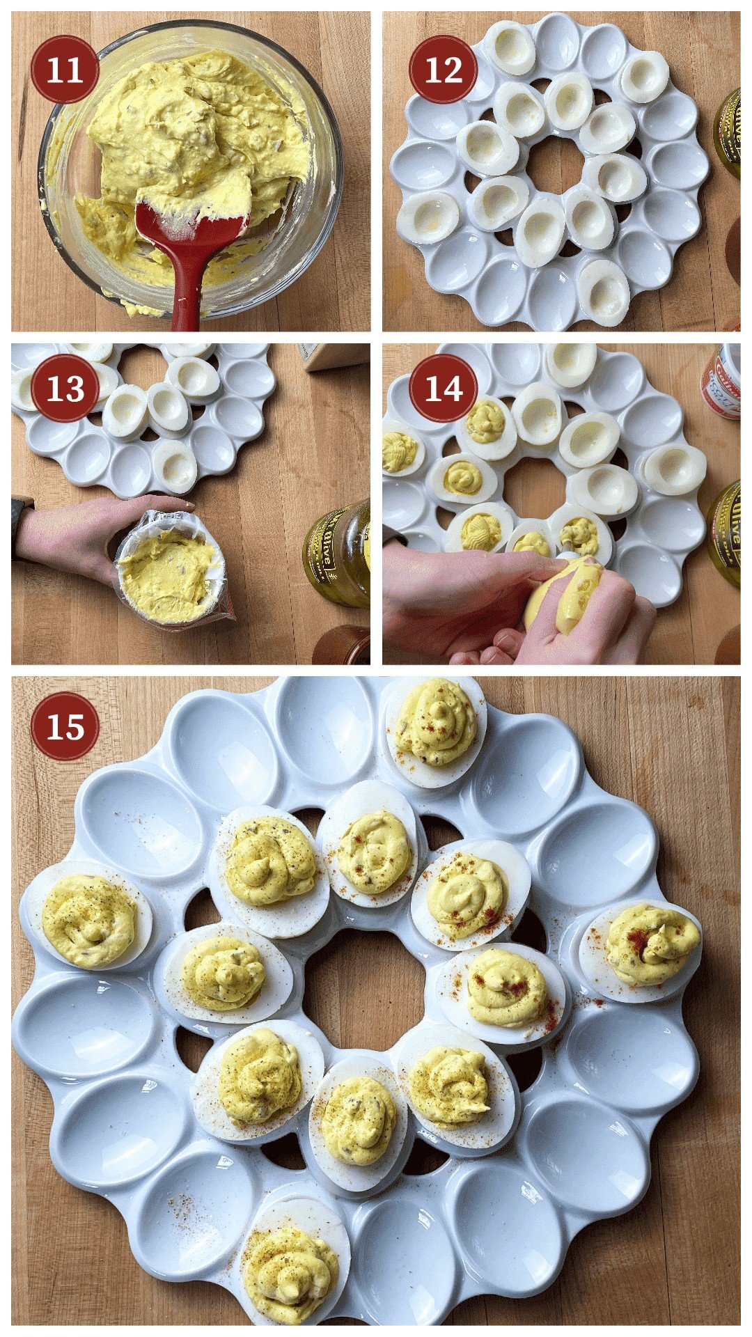 A collage of images showing how to make deviled eggs, steps 11 - 15.