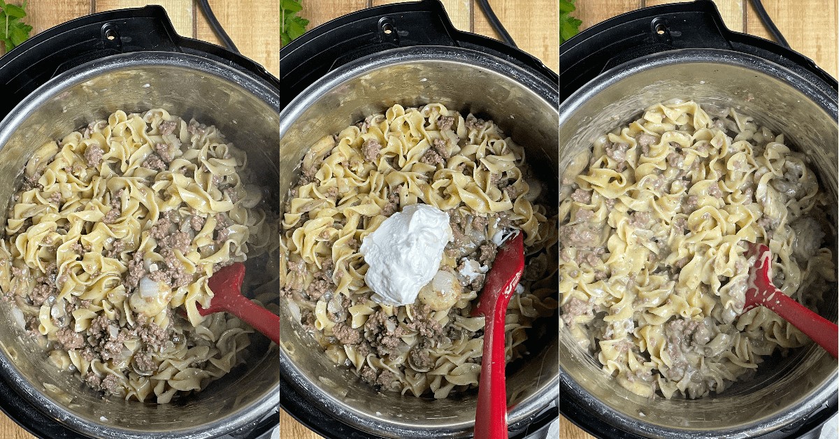 A collage of images showing the final steps of making Instant Pot Ground Beef Stroganoff.