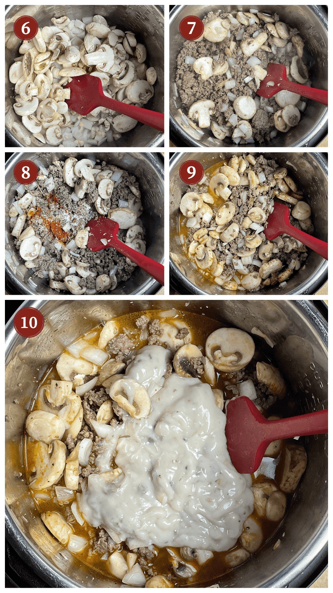 A collage of images showing how to make instant pot ground beef stroganoff, steps 6 - 10.