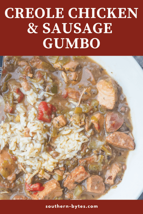 A pin image of a large white bowl of chicken and sausage gumbo.