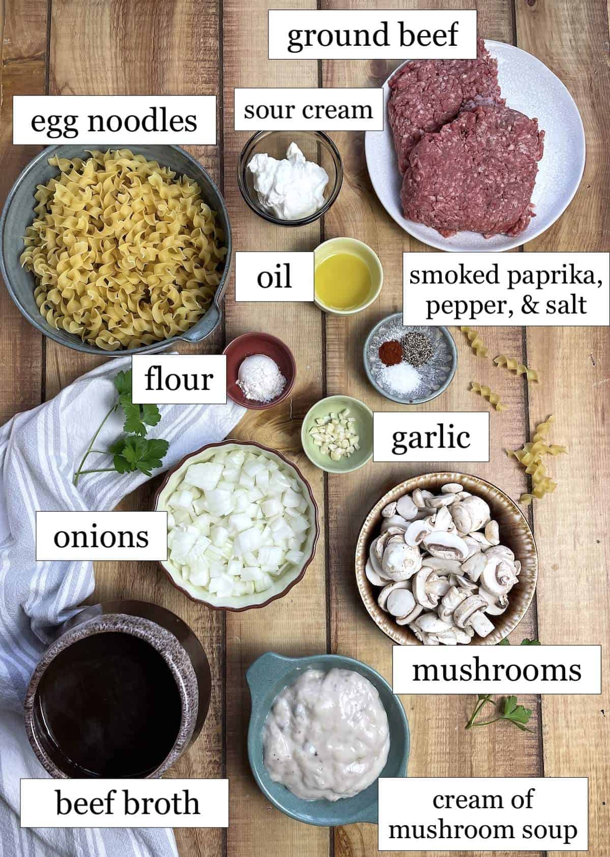 The ingredients in Instant Pot Ground Beef stroganoff, laid out and labeled.