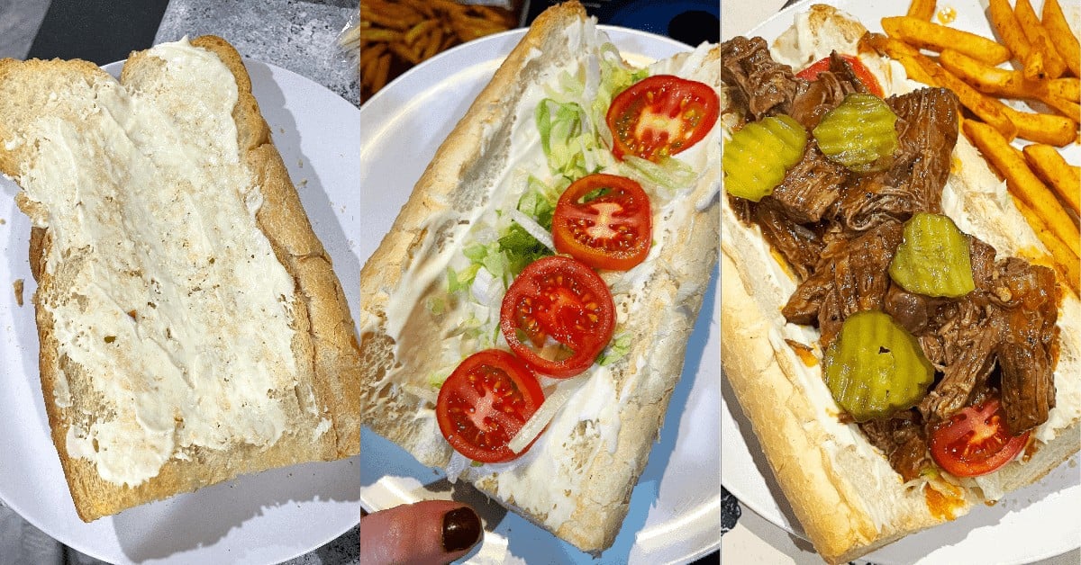 A collage of images showing how to prepare a fully dressed roast beef debris po'boy.