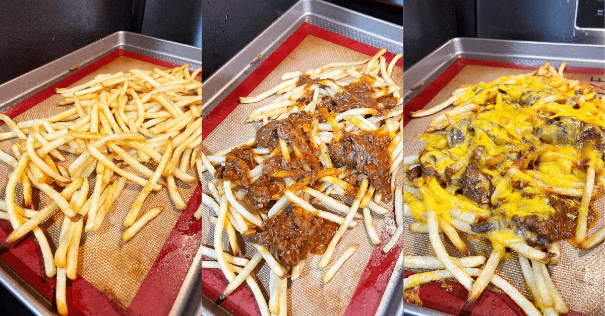 A collage of images showing how to make roast beef debris cheese fries.