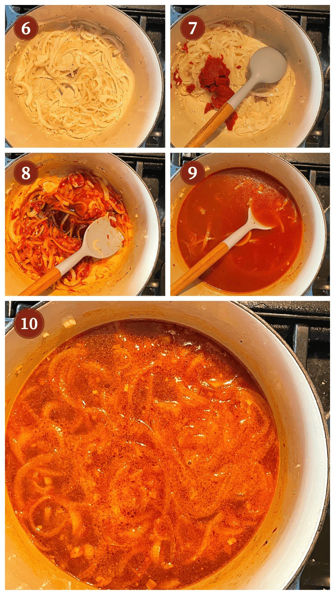 A collage of images showing how to cook roast beef debris, steps 6 - 10.