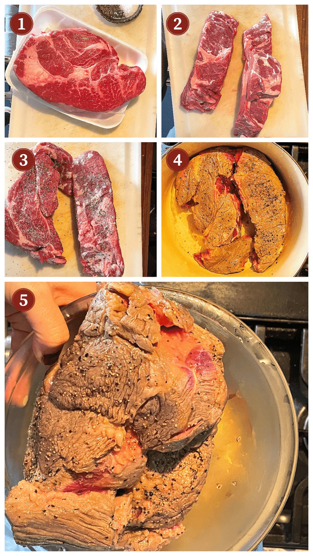 A collage of images showing how to cook roast beef debris, steps 1 - 5.