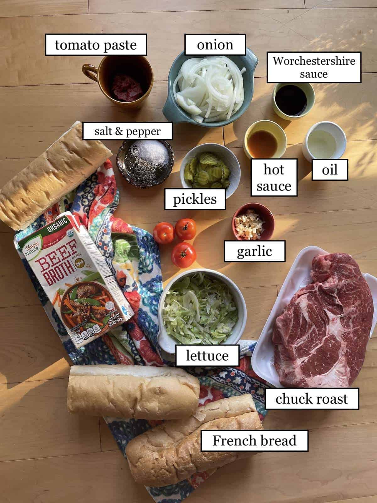 The ingredients in roast beef debris, laid out and labeled.