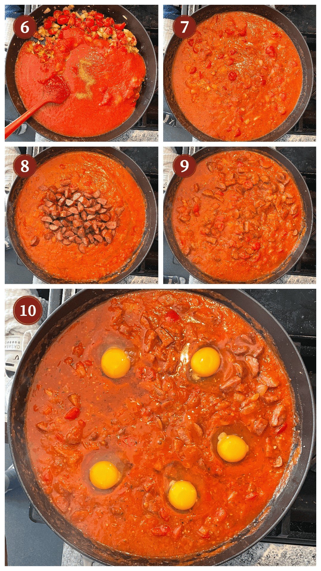 A collage of images showing how to make creole shakshuka, steps 5 - 10.
