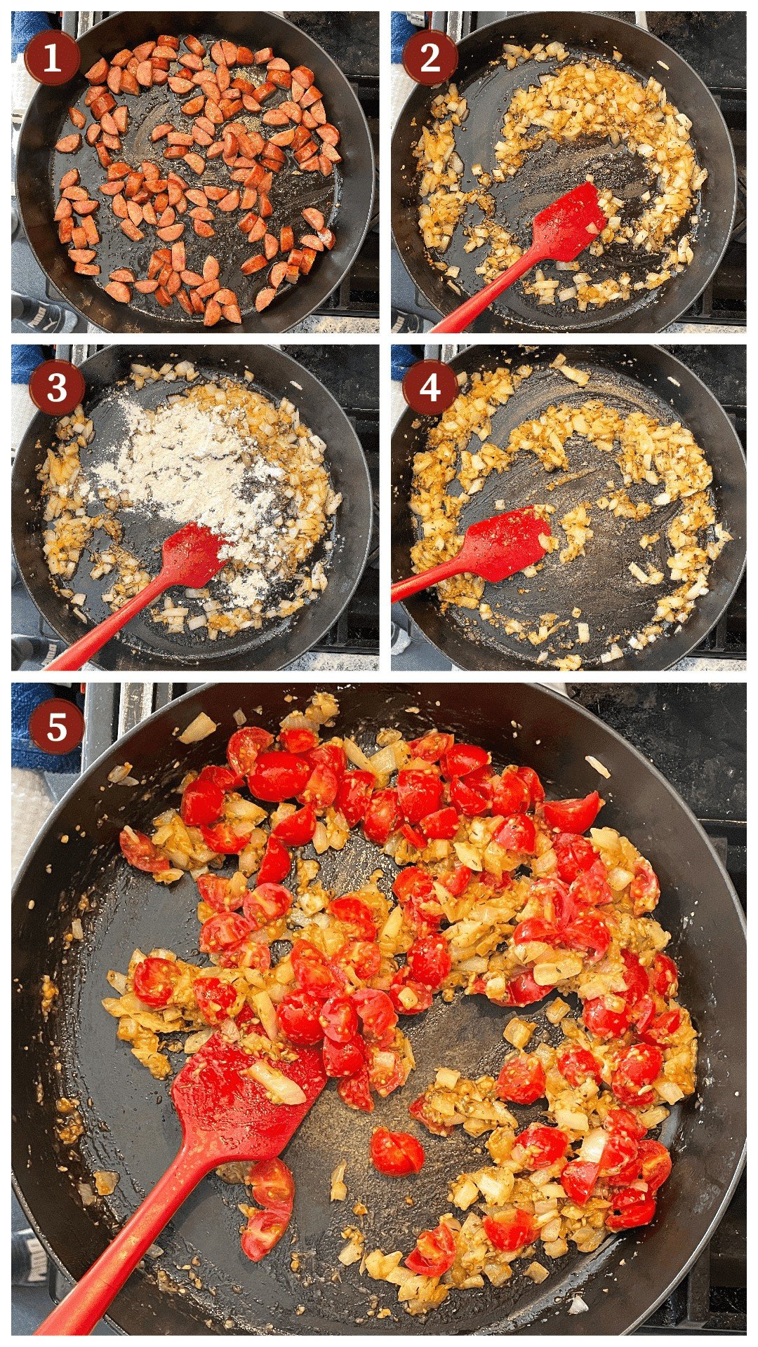 A collage of images showing how to make creole shakshuka, steps 1 - 5.