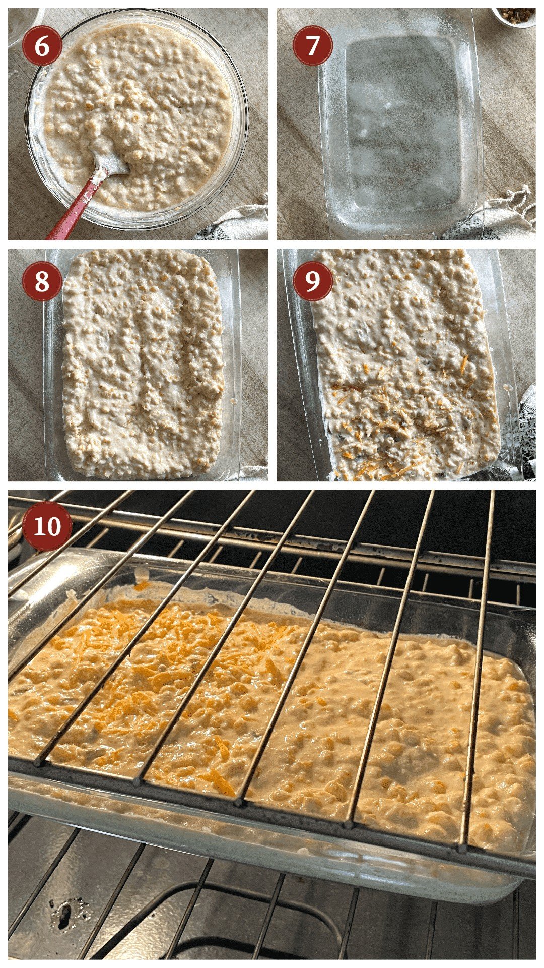 A collage of images showing how to make corn pudding, steps 6 - 10.