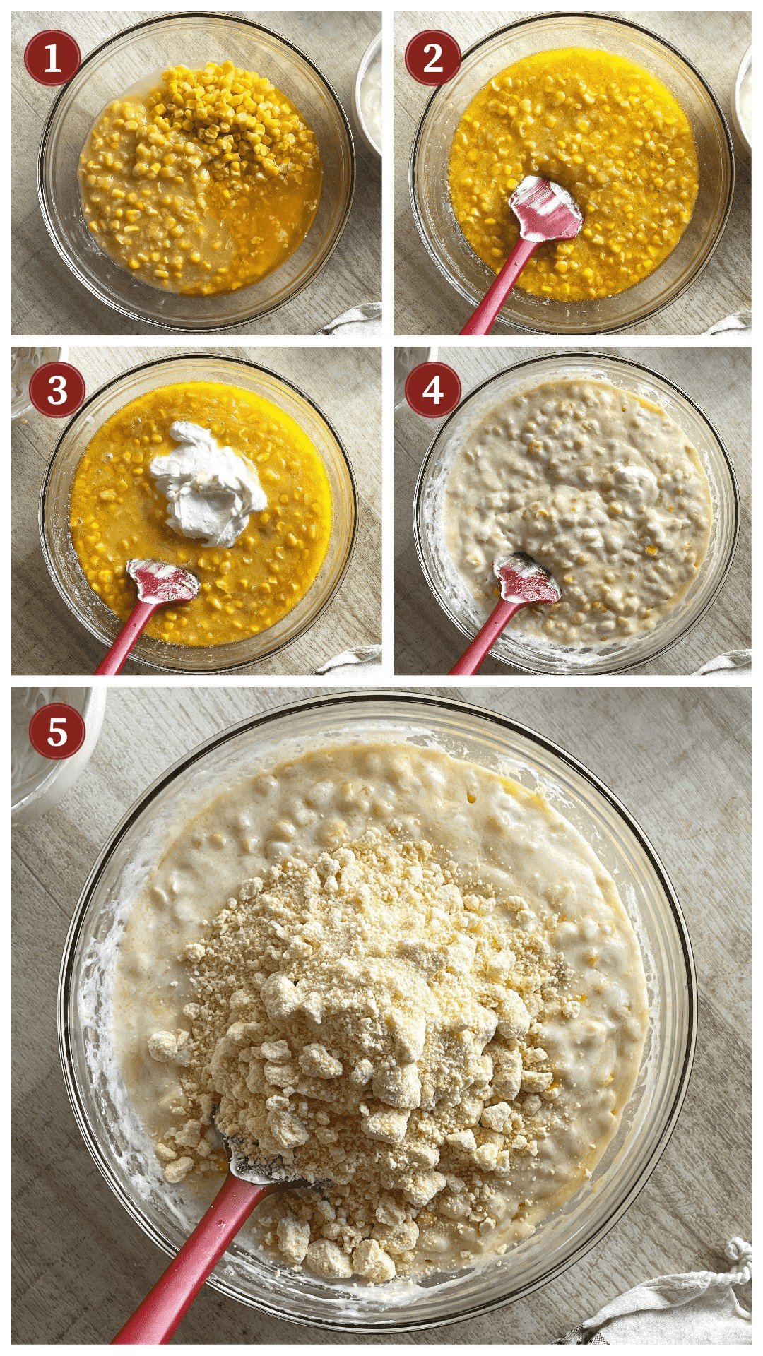 A collage of images showing how to make corn pudding, steps 1 - 5.