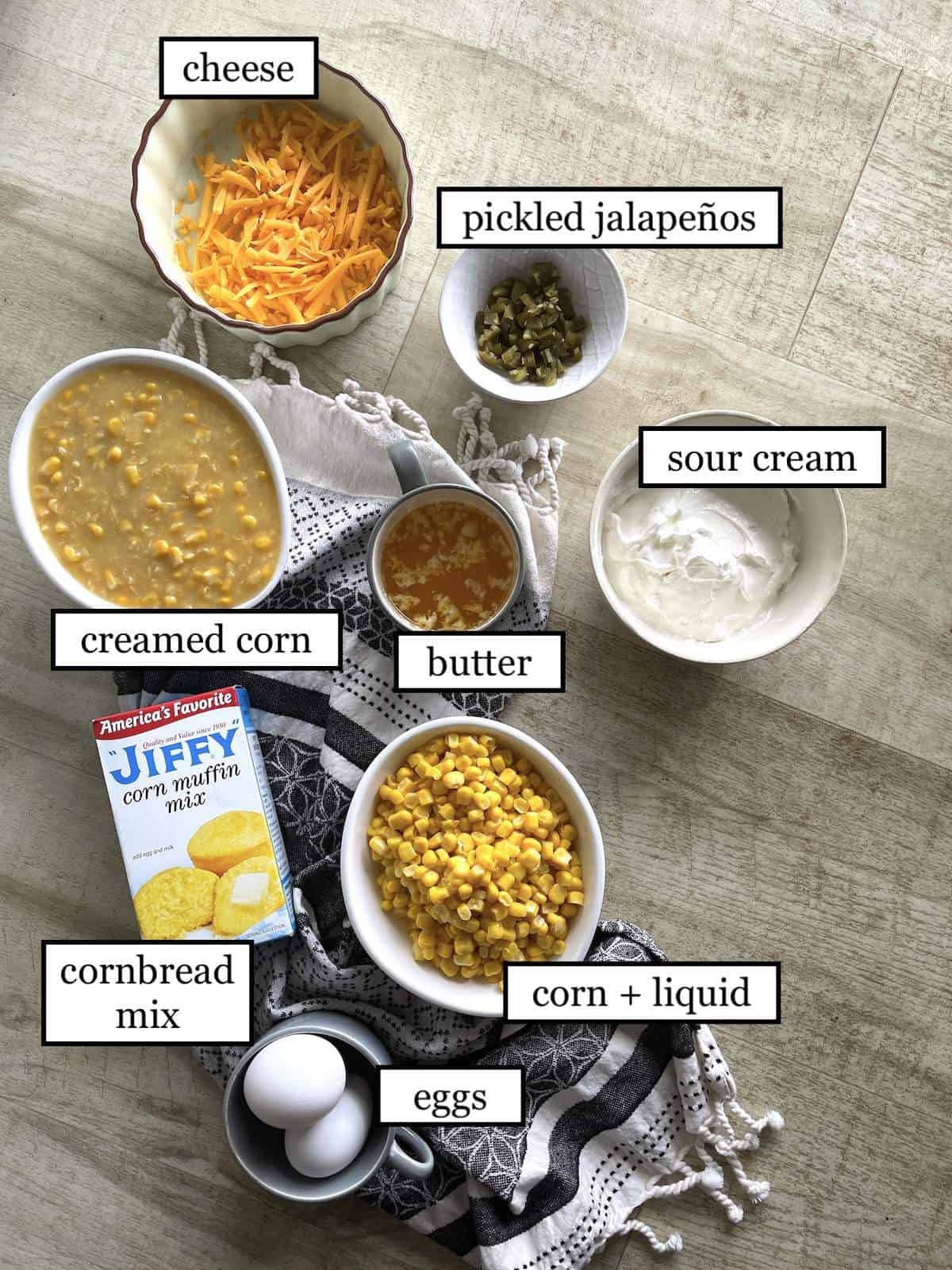 The ingredients in corn pudding, laid out and labeled.