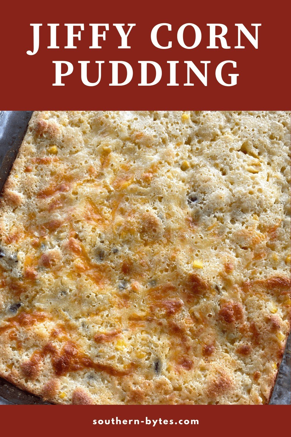 A pin image of a pan of corn pudding.