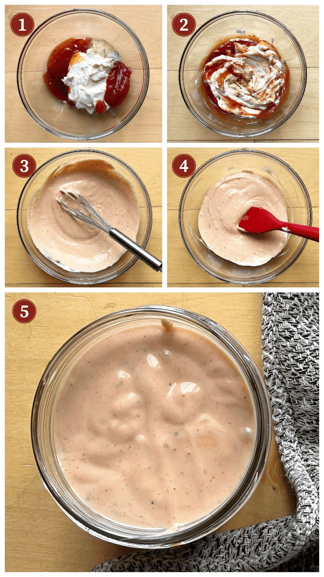 A collage of images showing how to mix up boom boom sauce, steps 1 - 5.