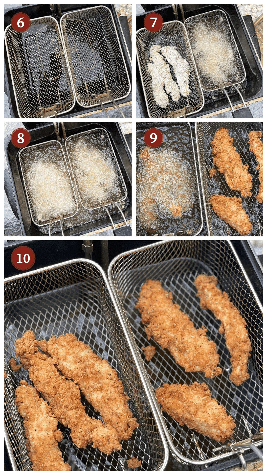 A collage of images showing how to deep fry chicken tenders, steps 6 - 10.