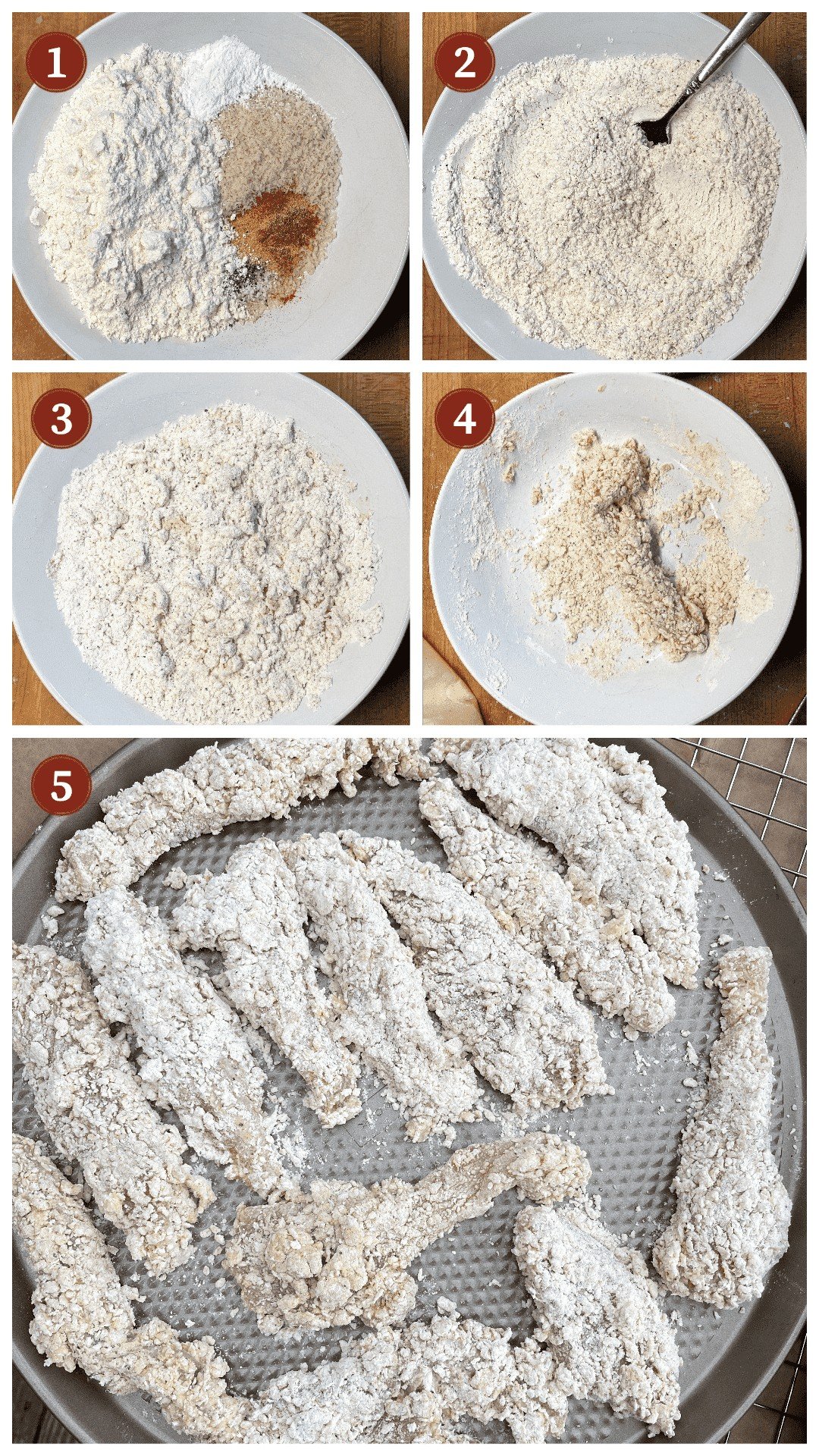 A collage of images showing how to bread buttermilk fried chicken tenders, step 1 - 5.