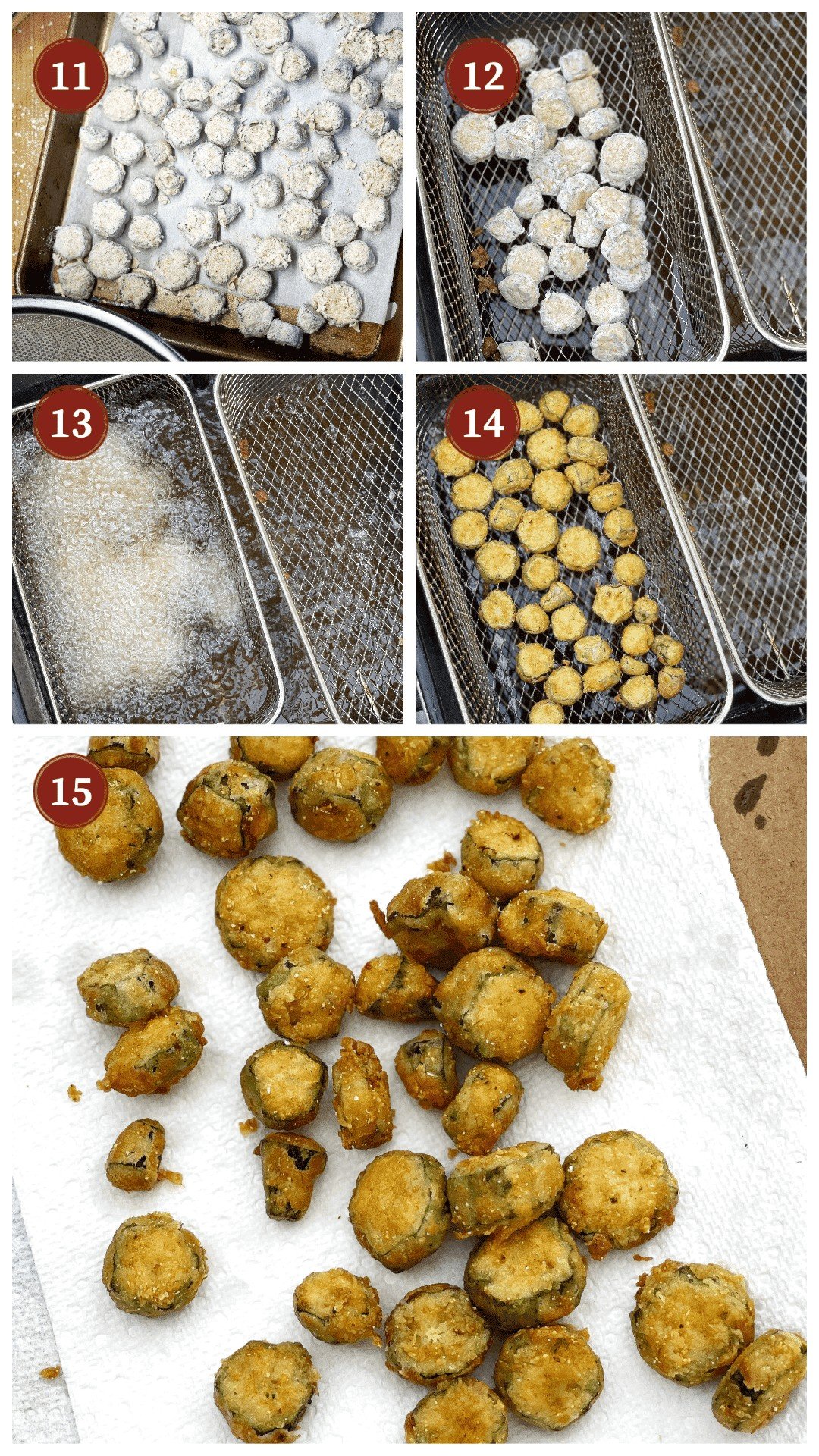 A collage of images showing how to fry okra in a deep fryer, steps 11 - 15.