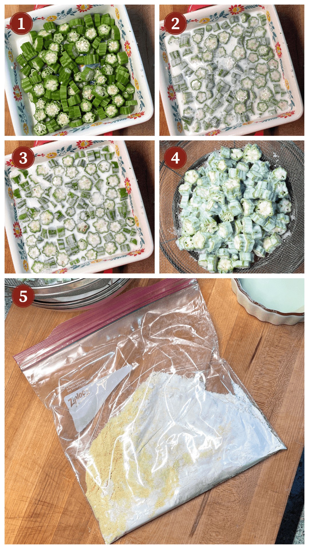 A collage of images showing how to dredge okra in buttermilk before frying it, steps 1 - 5.