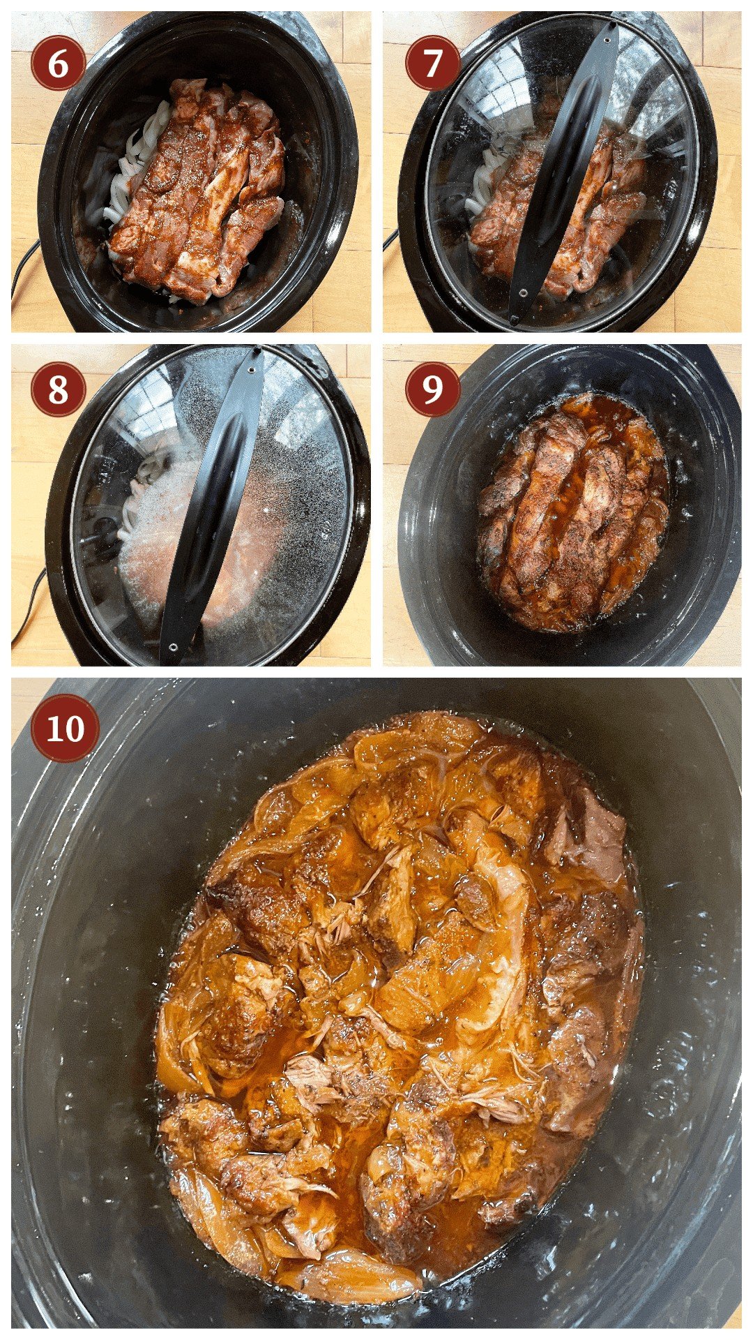 A collage of images showing how to make crock pot country style ribs, steps 6 - 10.