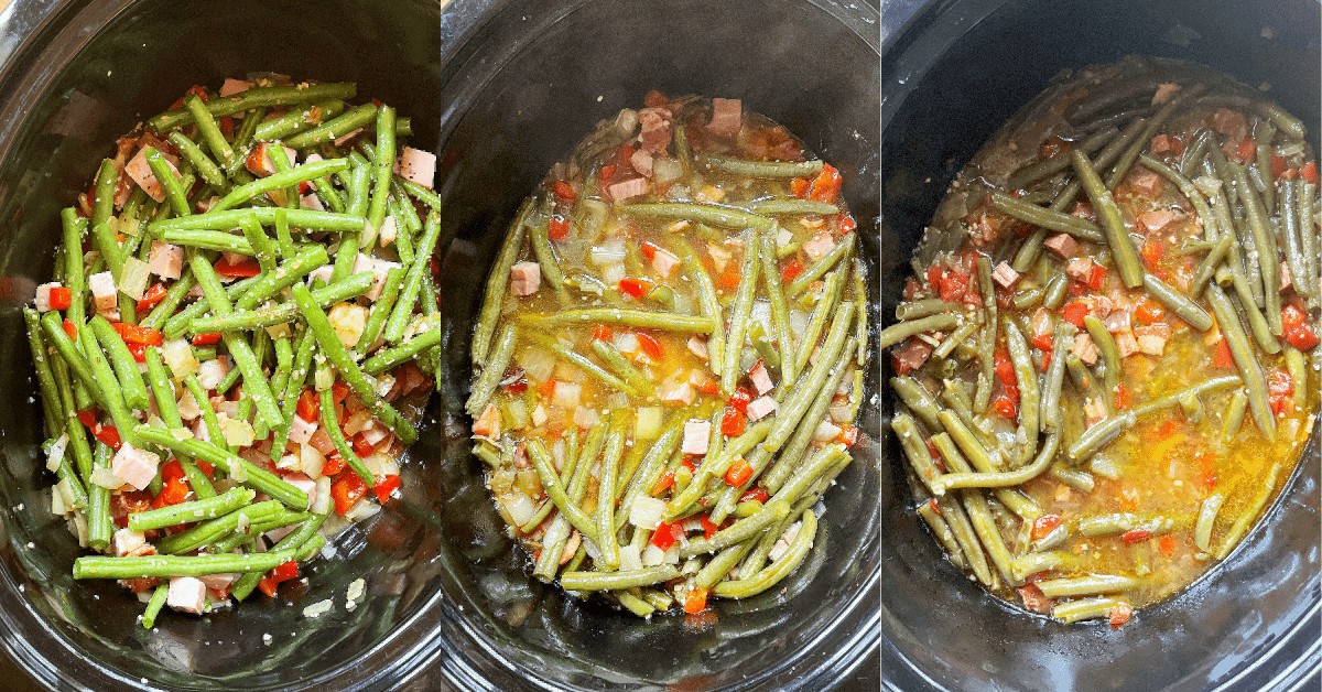 Three images showing the progression of green beans cooking in a crockpot.
