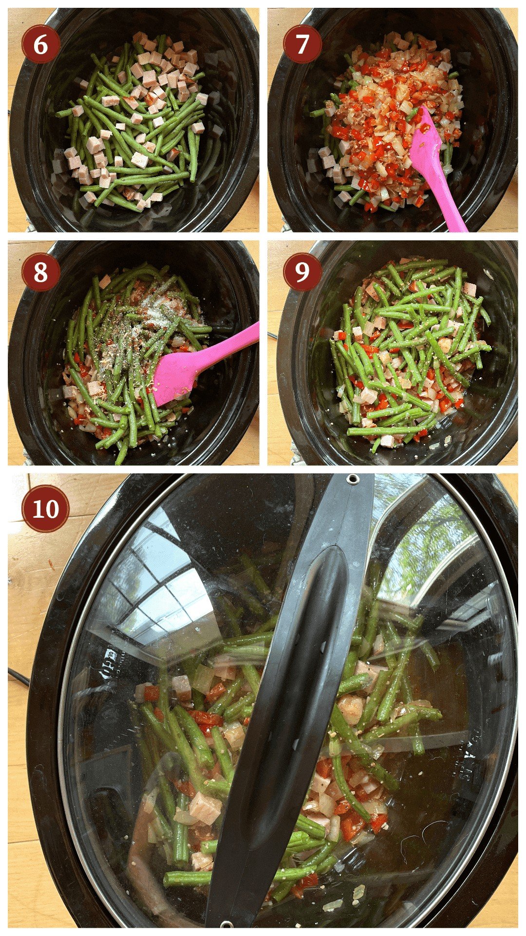 A collage of images showing how to cook green beans in a slow cooker, steps 6 - 10.