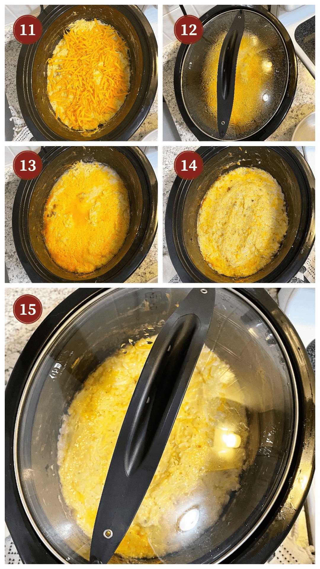 A collage of images showing how to cook cheesy hash brown casserole in a crock pot, step 11 - 15.