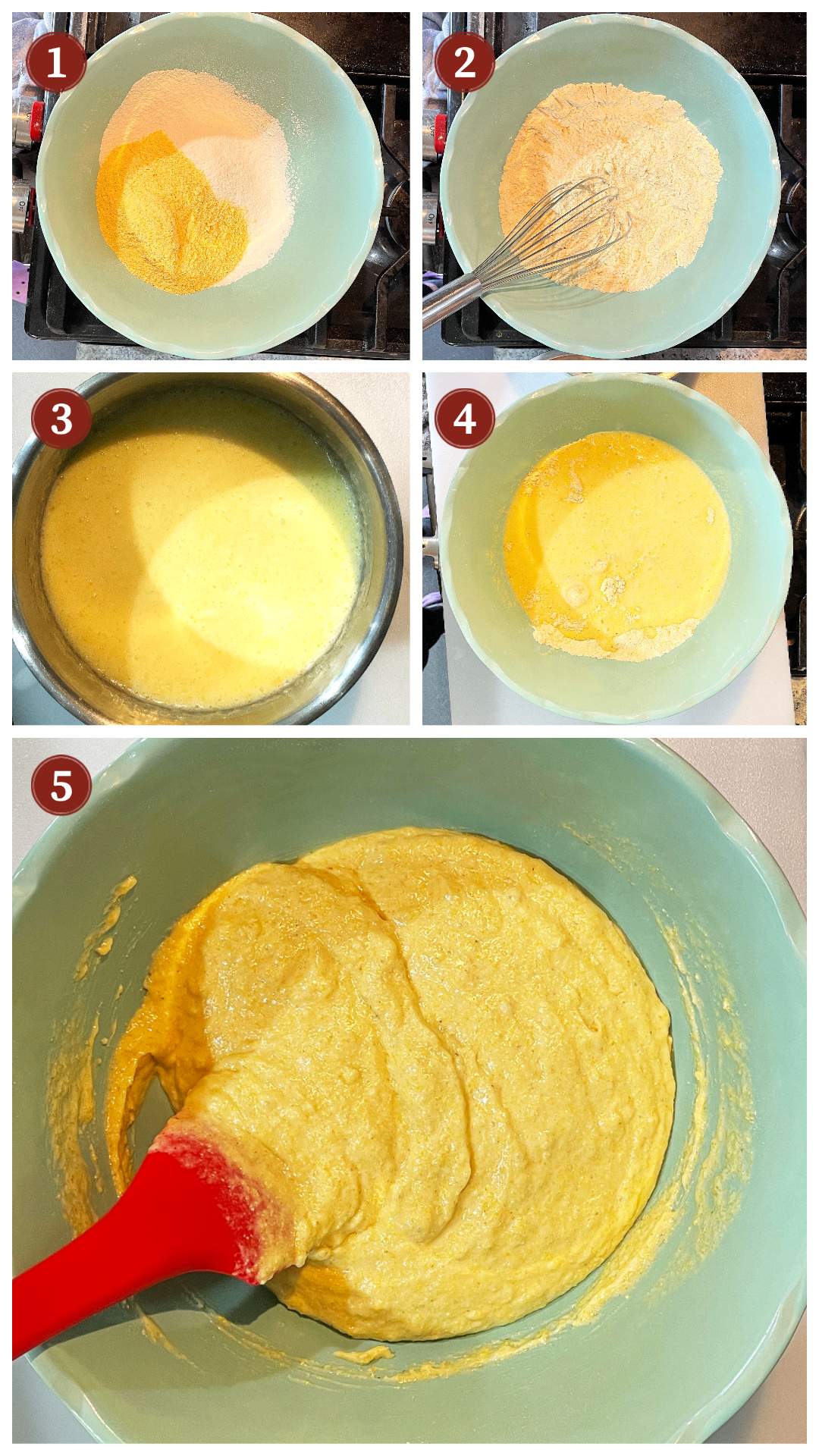 A collage of images showing how to mix up the batter for southern cornbread, steps 1 - 5.