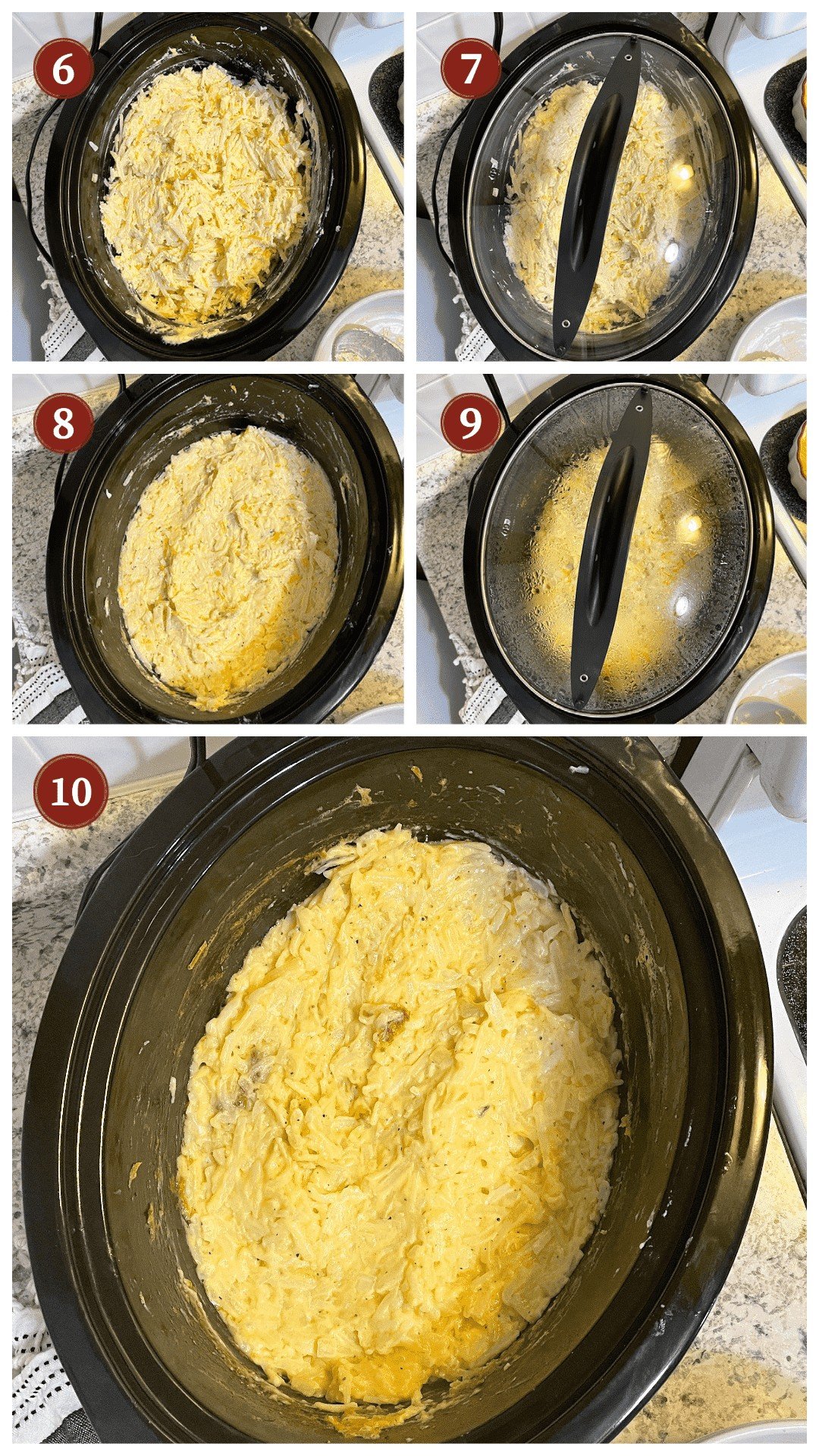 A collage of images showing how to cook cheesy hash brown potatoes in a crock pot, step 6 - 10.