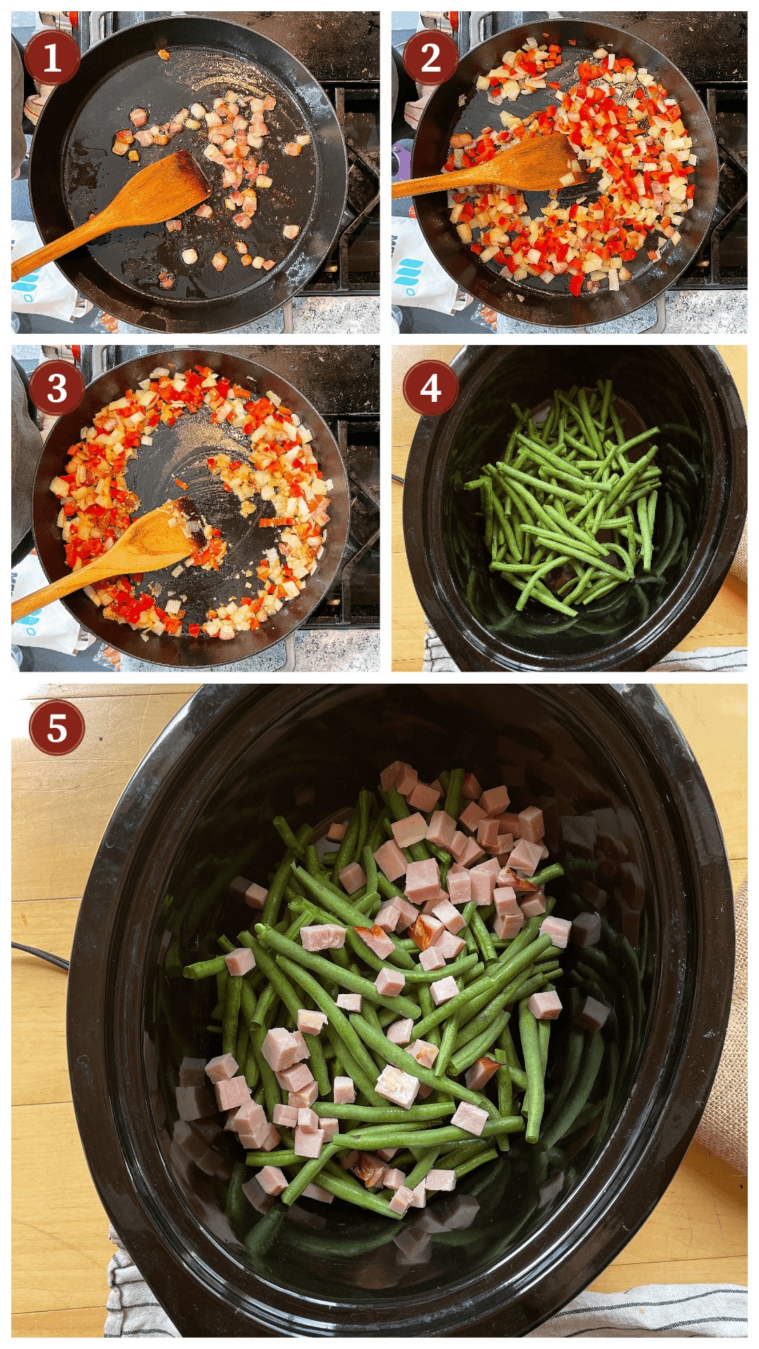 A collage of images showing how to cook southern green beans in a crockpot with bacon, steps 1 - 5.