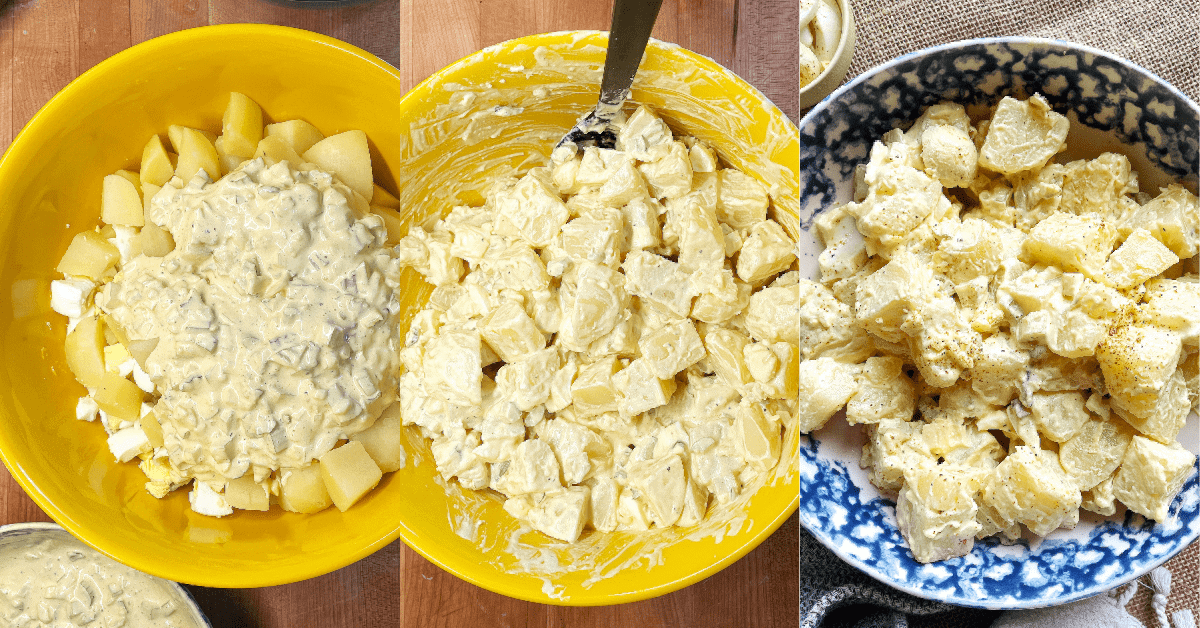 A collage of images showing how to mix southern potato salad with mustard dressing and hard-boiled eggs.