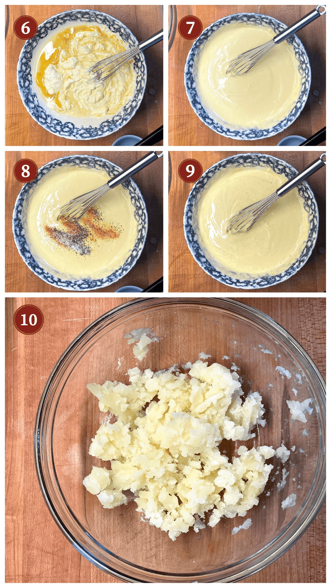 A collage of images showing how to make dressing for potato salad, steps 6 - 10.