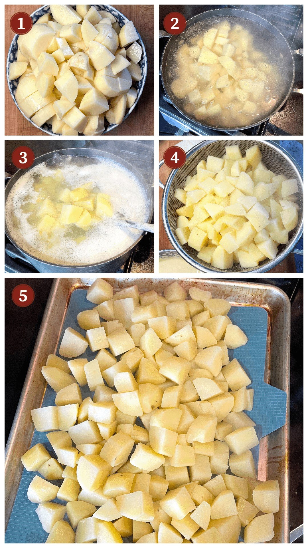 A collage of images showing how to cook potatoes for potato salad, steps 1 -5
