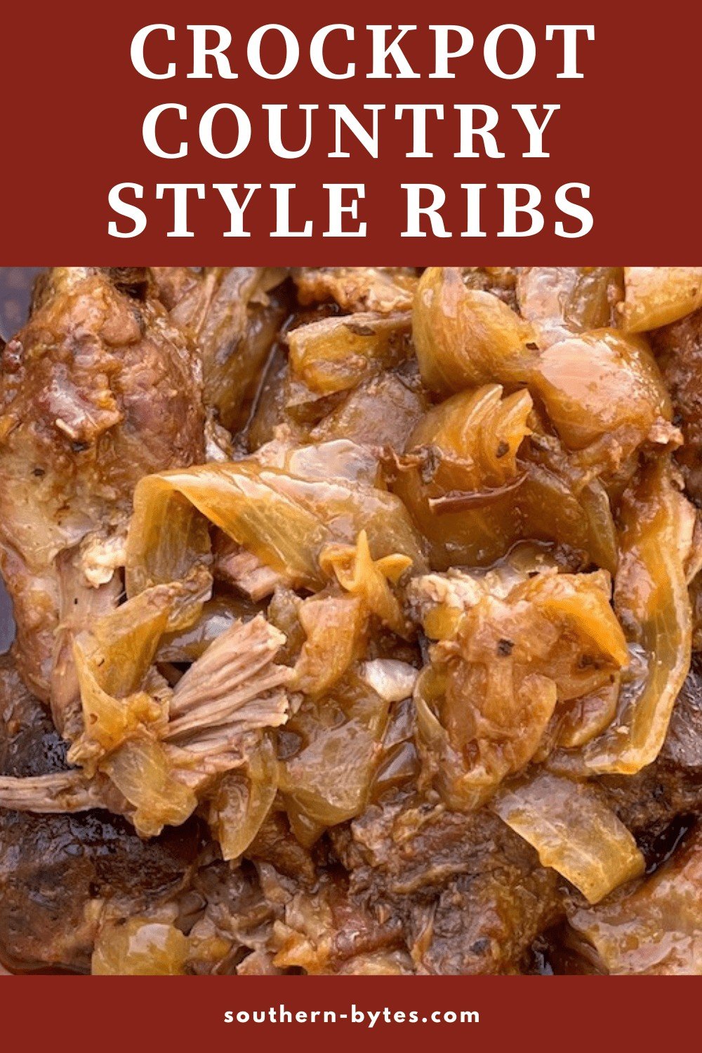 A pin image of a pile of shredded country style ribs and onions cooked in the crockpot.