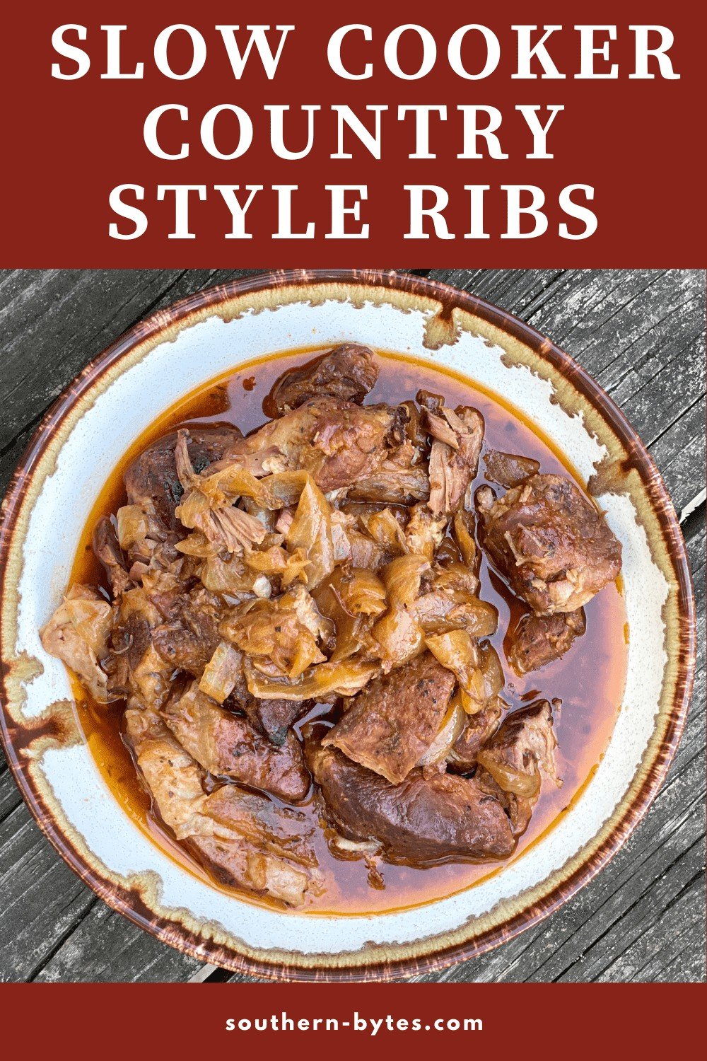 A pin image of a bowl of crock pot country style ribs.