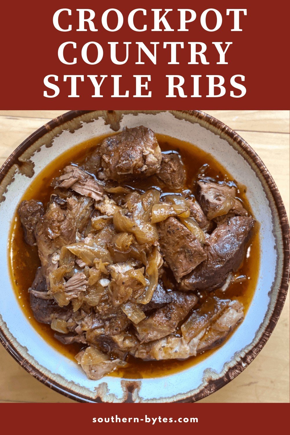 A pin image of a bowl of crock pot country style ribs.