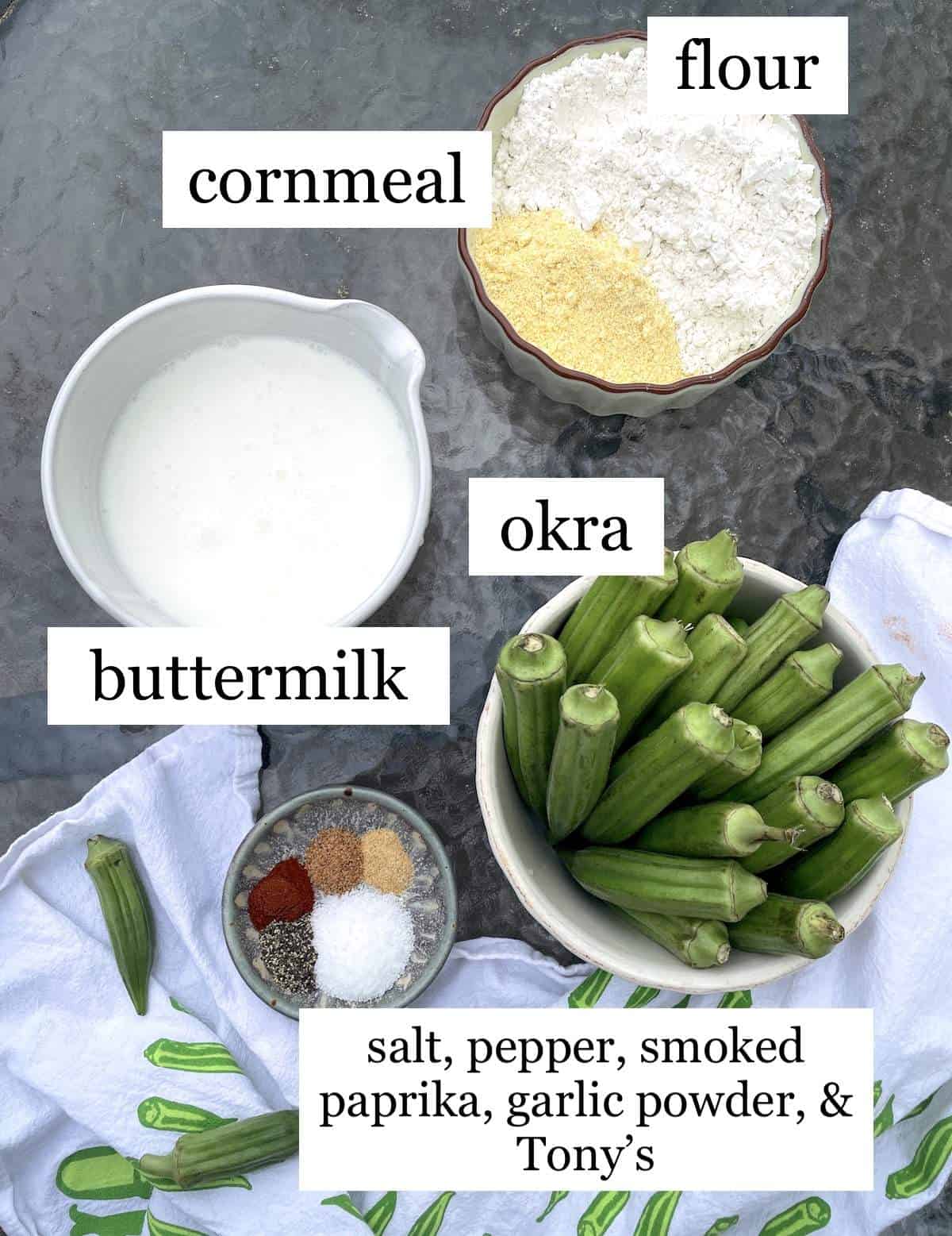 The ingredients in fried okra, laid out and labeled.